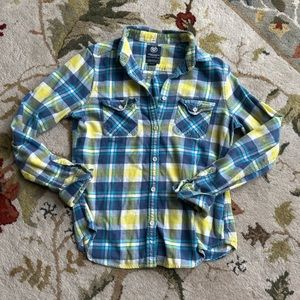 American Eagle Favorite Fit Button Up Plaid Shirt Size Medium Lime Green